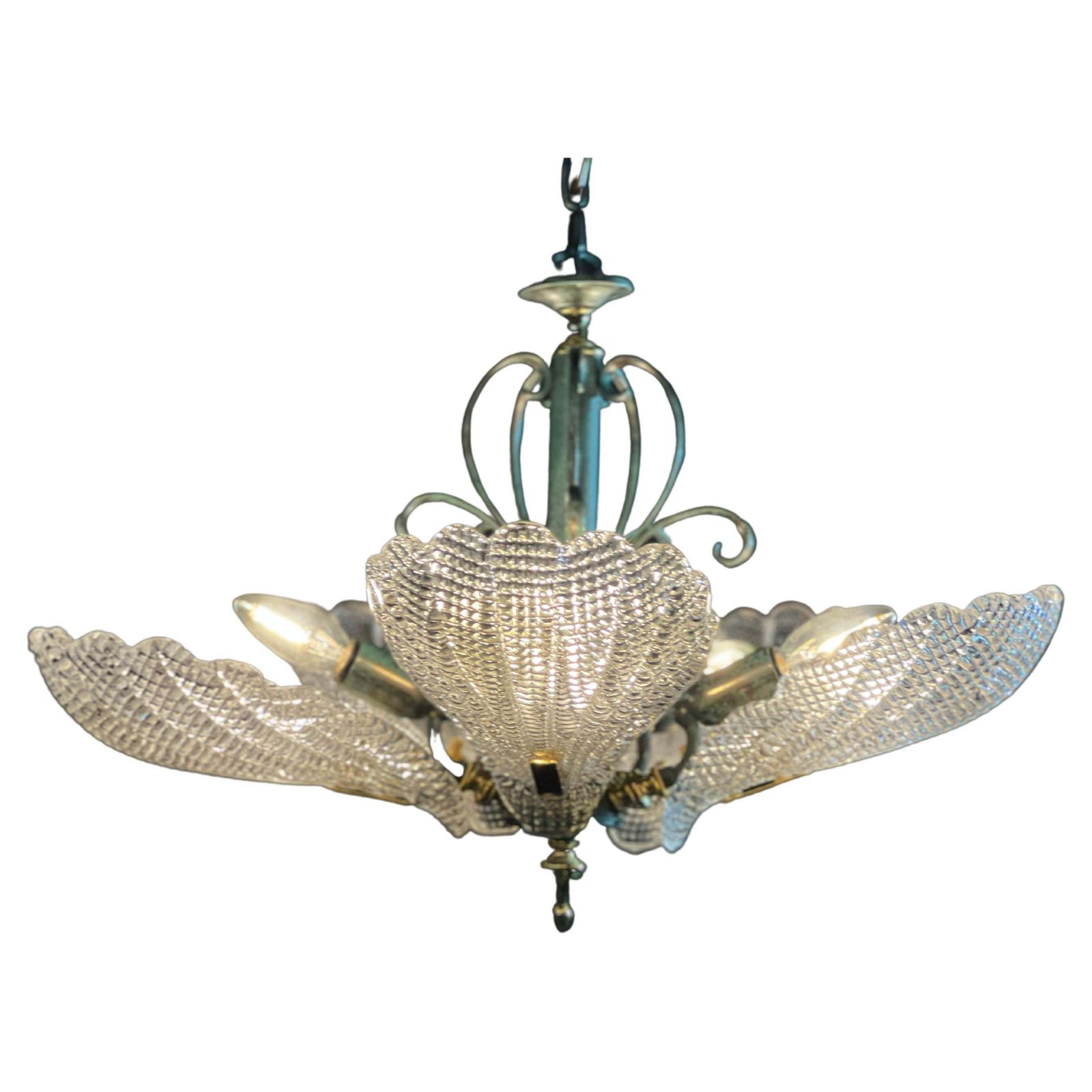 Italian Chandelier Five Leaves With Golden Details, Murano 1990