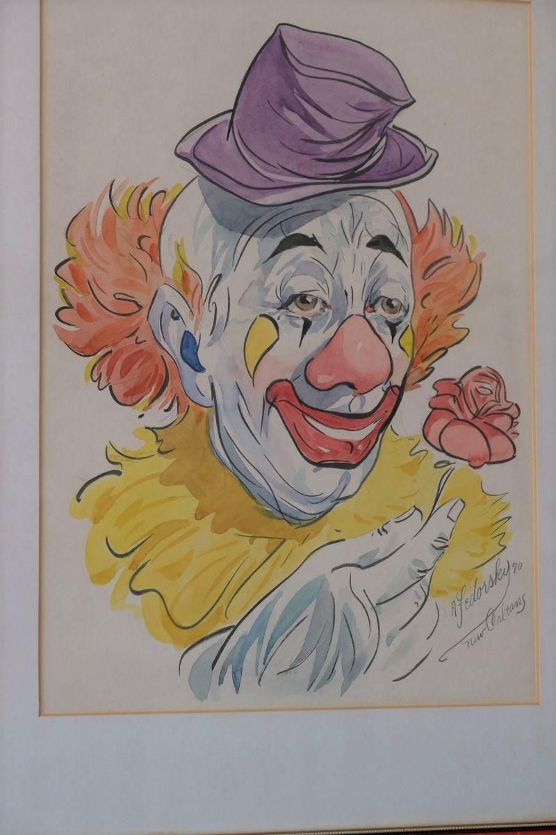 Clown With Rose Inscribed New Orleans Signed By Alexander Fedorsky   Watercolour photo Art
