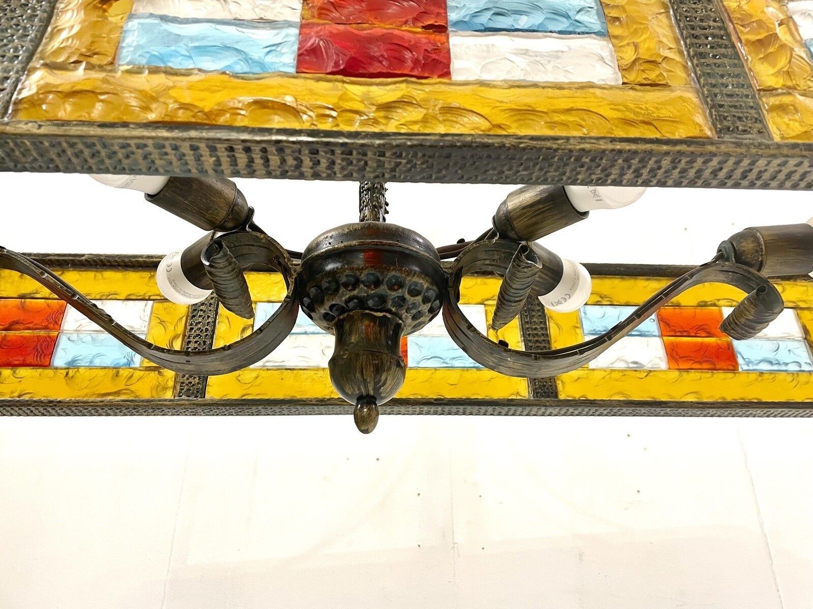 Mid Century Stained Glass Suspension Light By Poliarte photo vintage