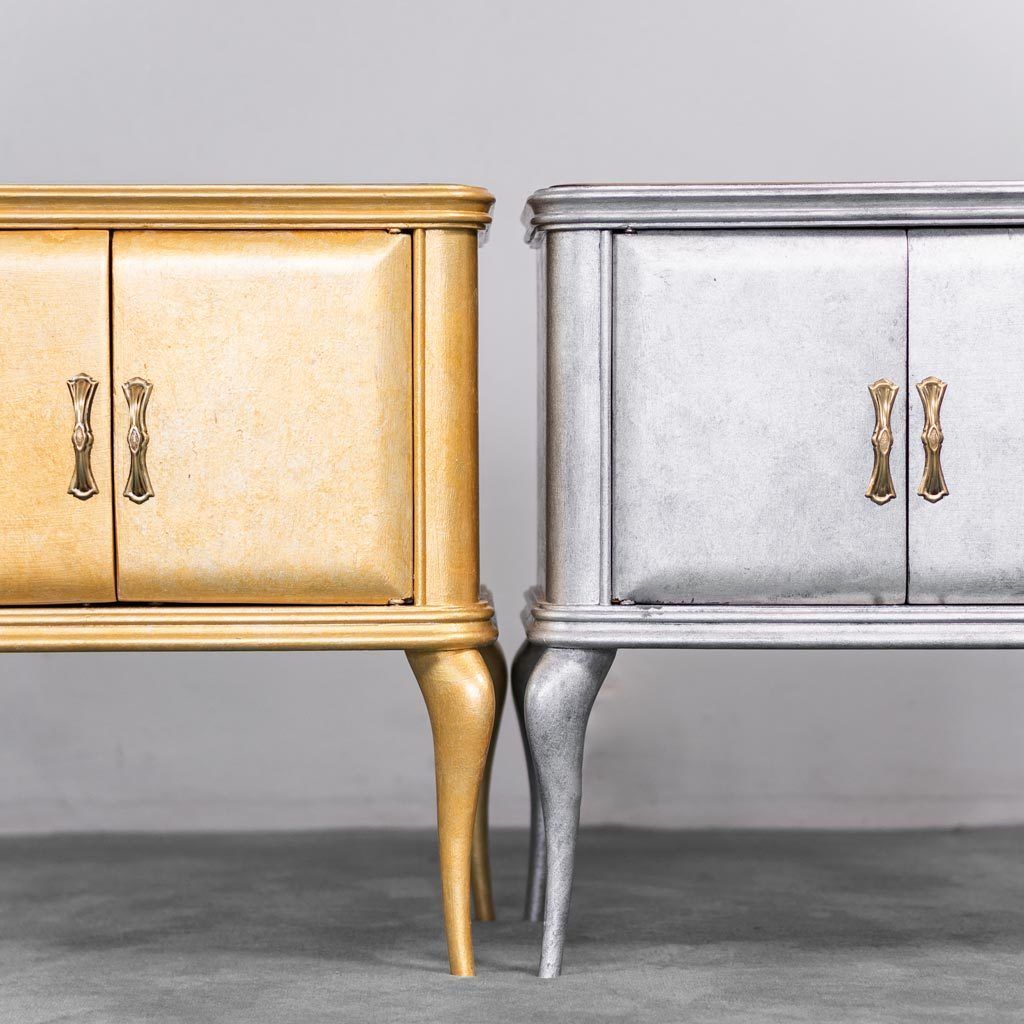 Pair Of 1950s Vintage Gold And Silver Wood Bedside Table photo buy