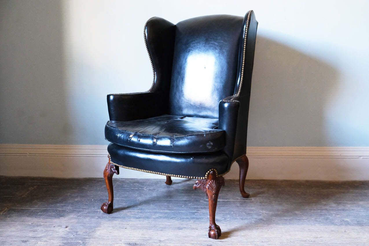 Black Leather Upholstered Wingback Armchair With Ball & Claw Feet photo for sale