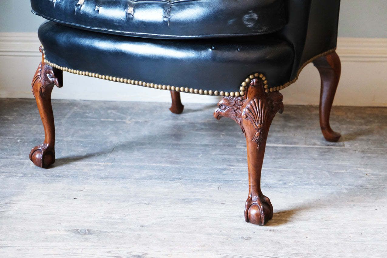Black Leather Upholstered Wingback Armchair With Ball & Claw Feet photo Furniture