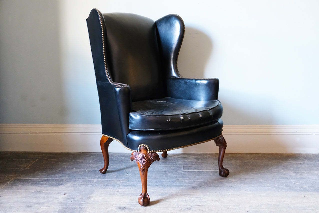 Black Leather Upholstered Wingback Armchair With Ball & Claw Feet photo 2242.0
