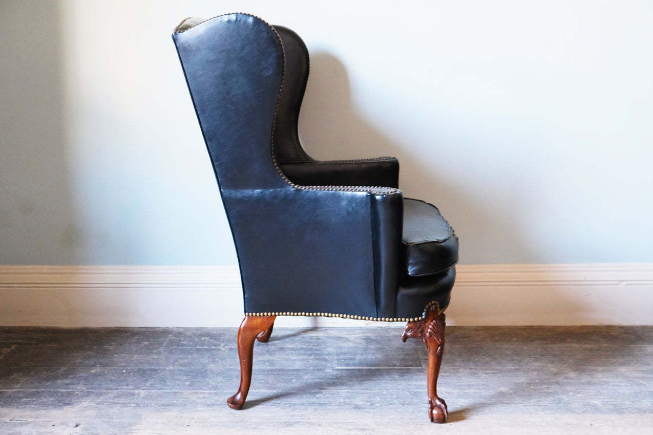 Black Leather Upholstered Wingback Armchair With Ball & Claw Feet photo vinterior