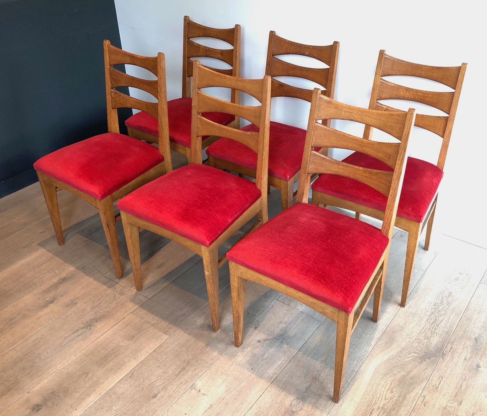 Suite Of 6 Oak Chairs And Red Velvet Seats photo furniture
