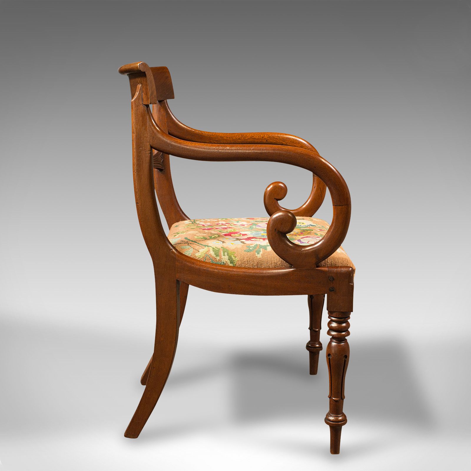 Antique Scroll Arm Chair, English, Armchair, Needlepoint, Regency, C.1830 photo 925.0