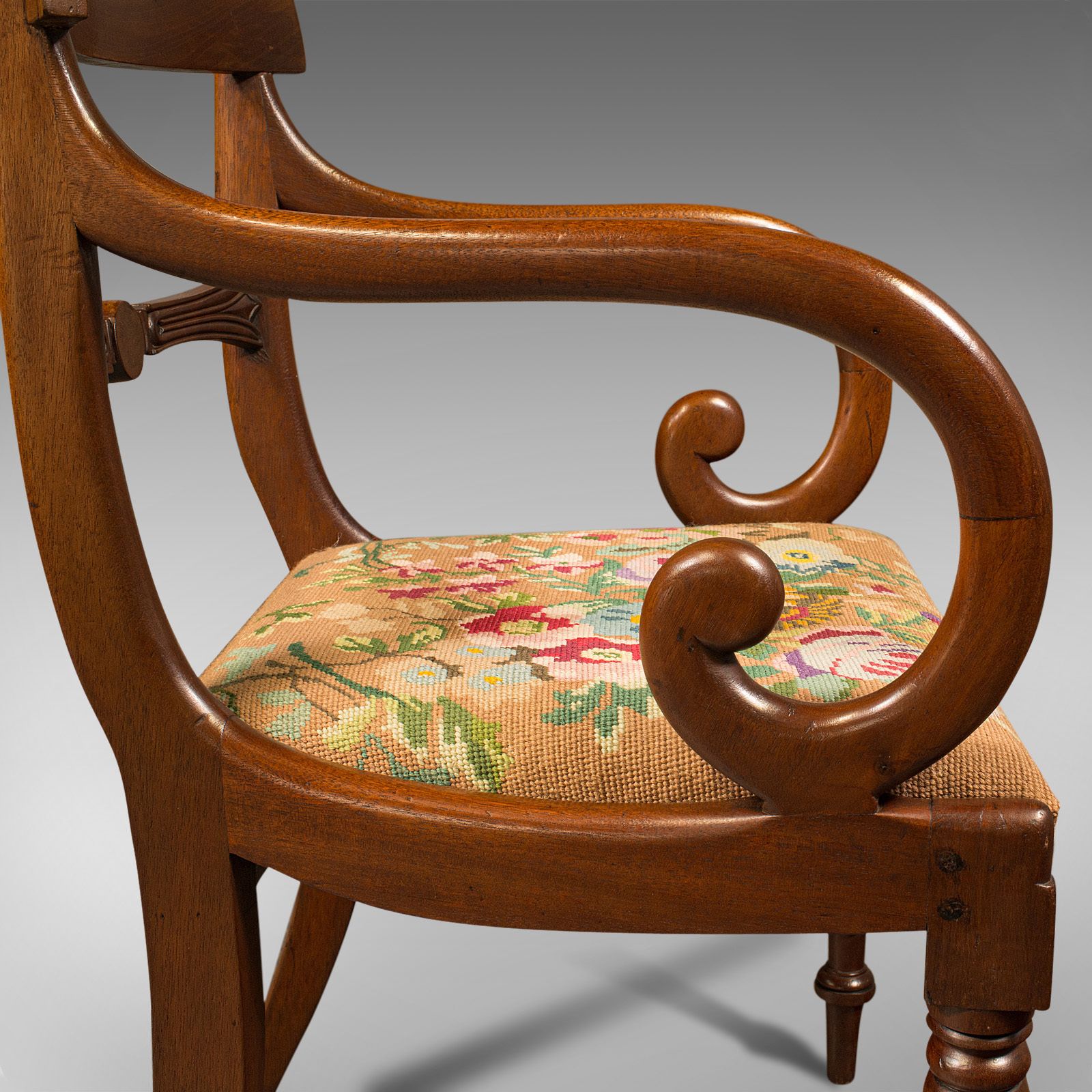 Antique Scroll Arm Chair, English, Armchair, Needlepoint, Regency, C.1830 photo vintage