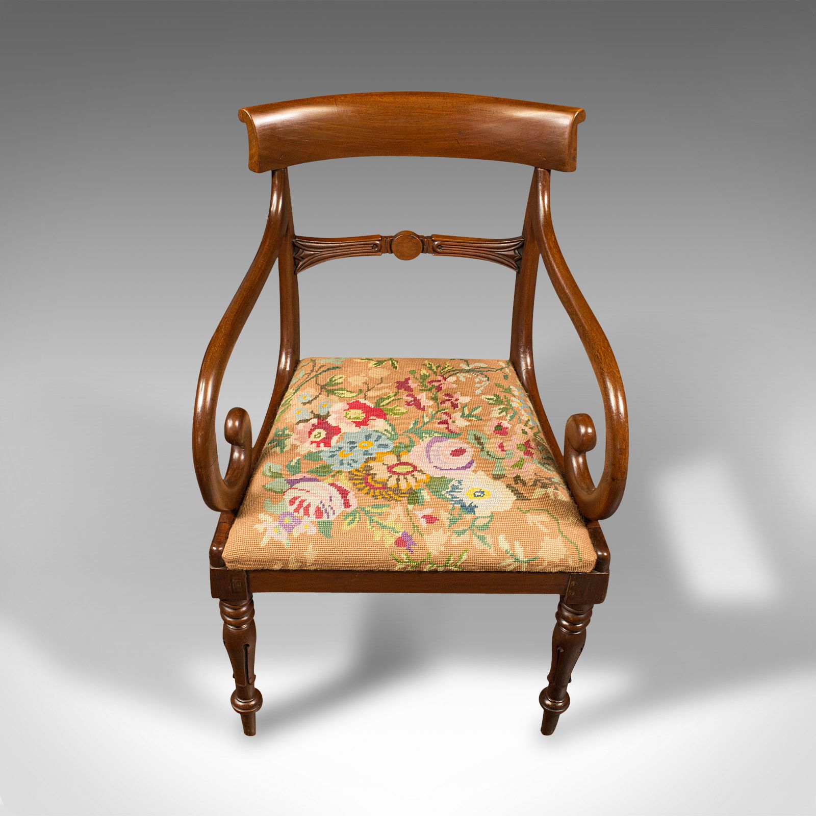 Furniture Antique Scroll Arm Chair, English, Armchair, Needlepoint, Regency, C.1830 photo