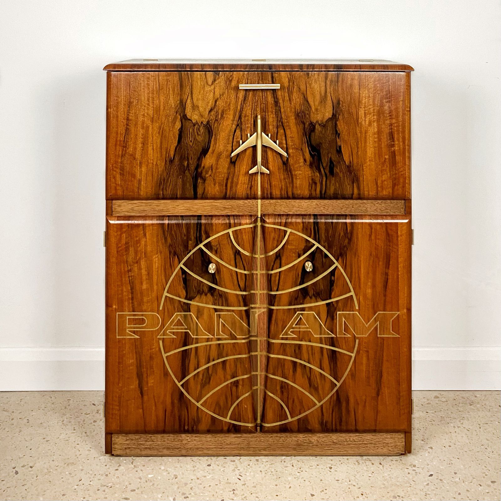 Mid Century Cocktail Cabinet In Walnut With Gold Pan Am Airways Design And Travel Map Theme