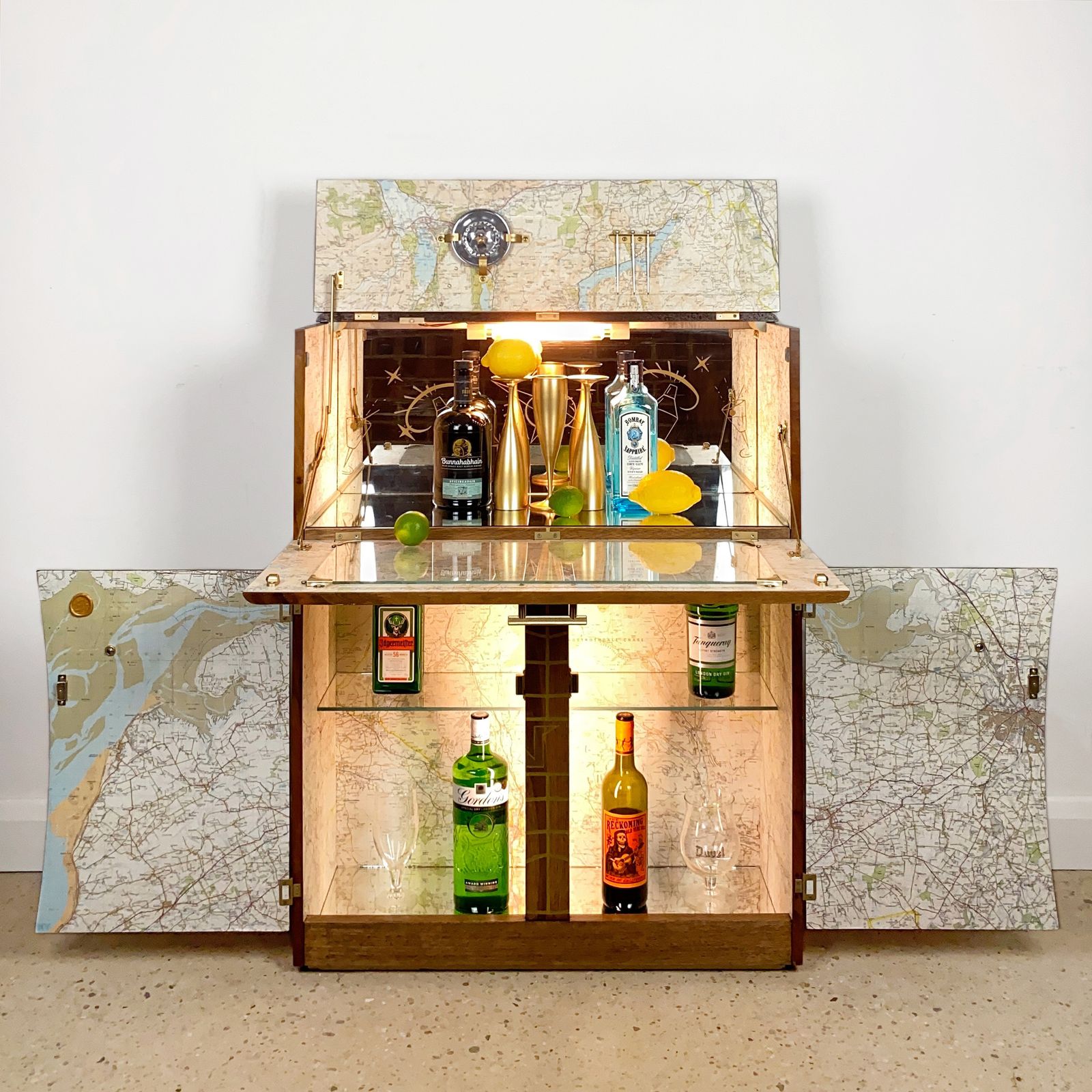 Mid Century Cocktail Cabinet In Walnut With Gold Pan Am Airways Design And Travel Map Theme photo for sale