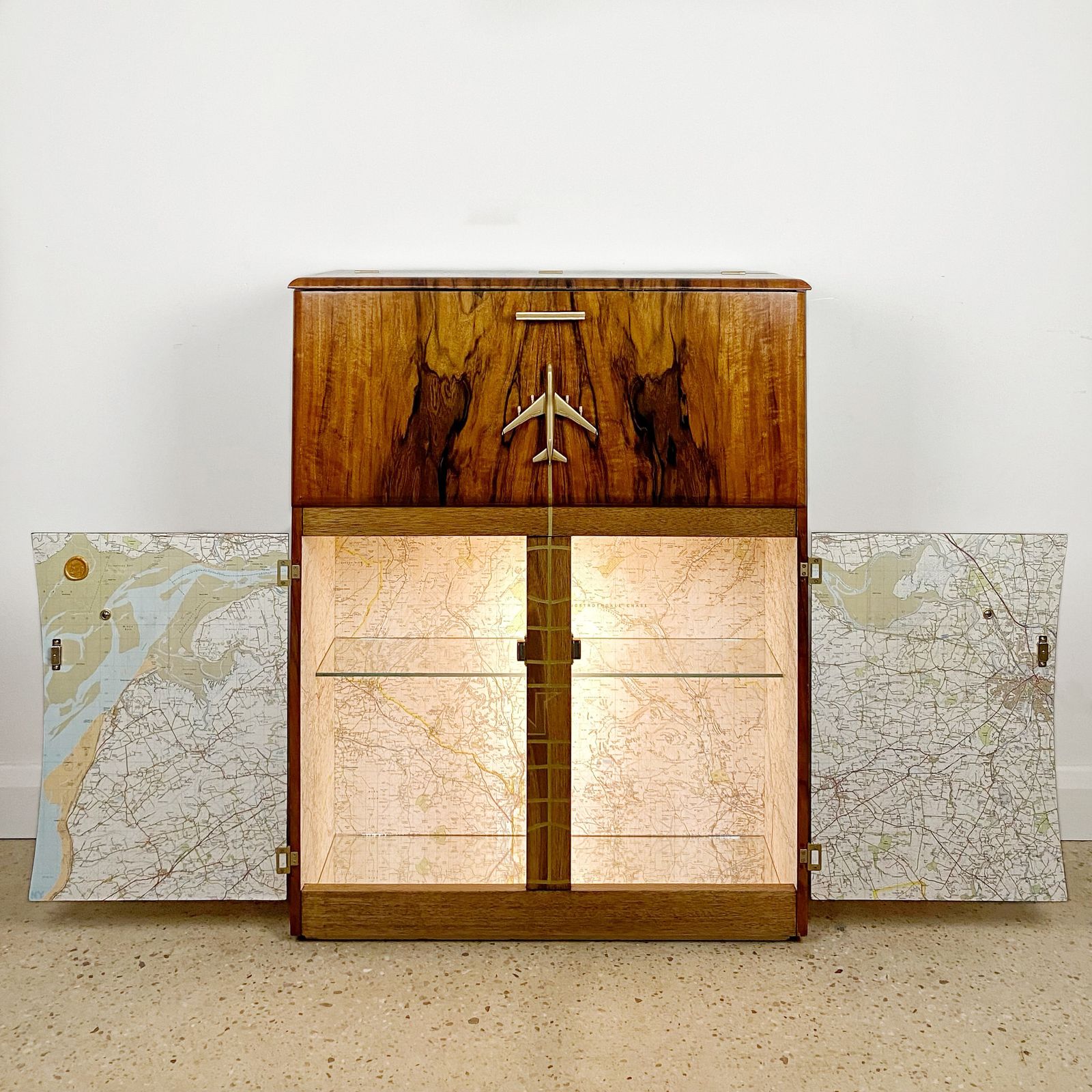 Mid Century Cocktail Cabinet In Walnut With Gold Pan Am Airways Design And Travel Map Theme photo Furniture