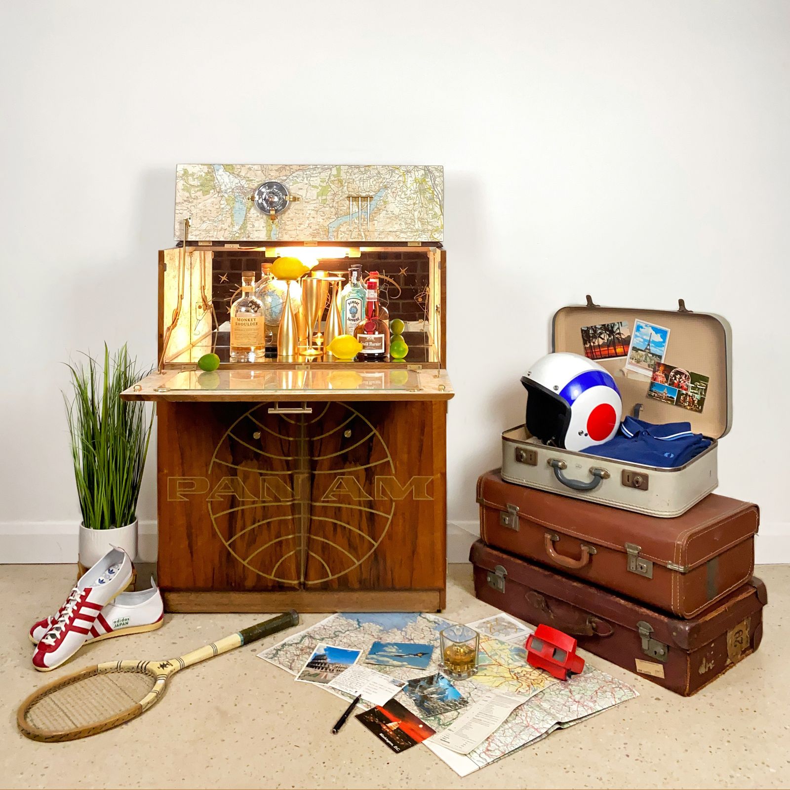 photo buy Mid Century Cocktail Cabinet In Walnut With Gold Pan Am Airways Design And Travel Map Theme