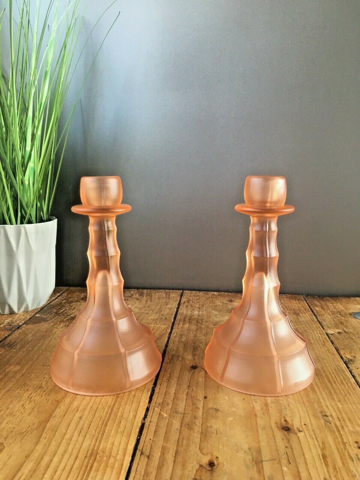 Rare Pair Of Art Deco Frosted Glass Candlesticks Candle Holders Walther & Sohne photo vintage