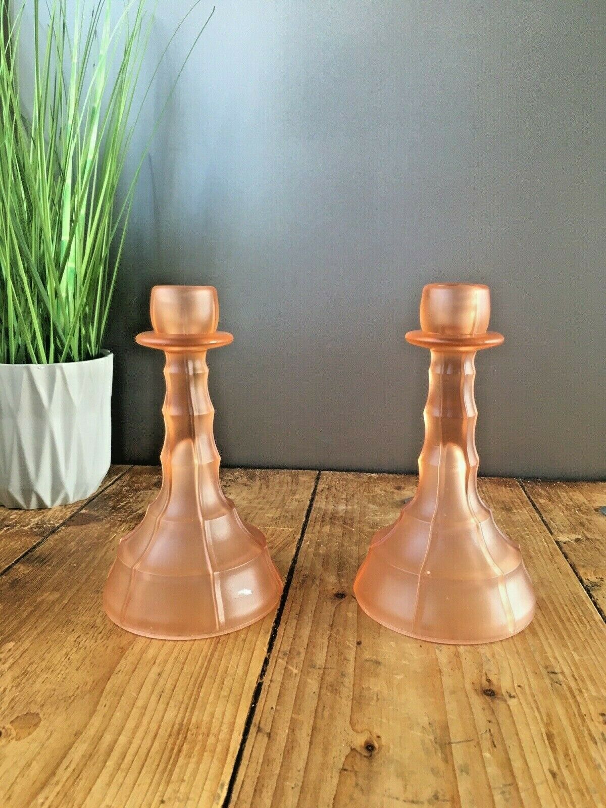 photo furniture Rare Pair Of Art Deco Frosted Glass Candlesticks Candle Holders Walther & Sohne