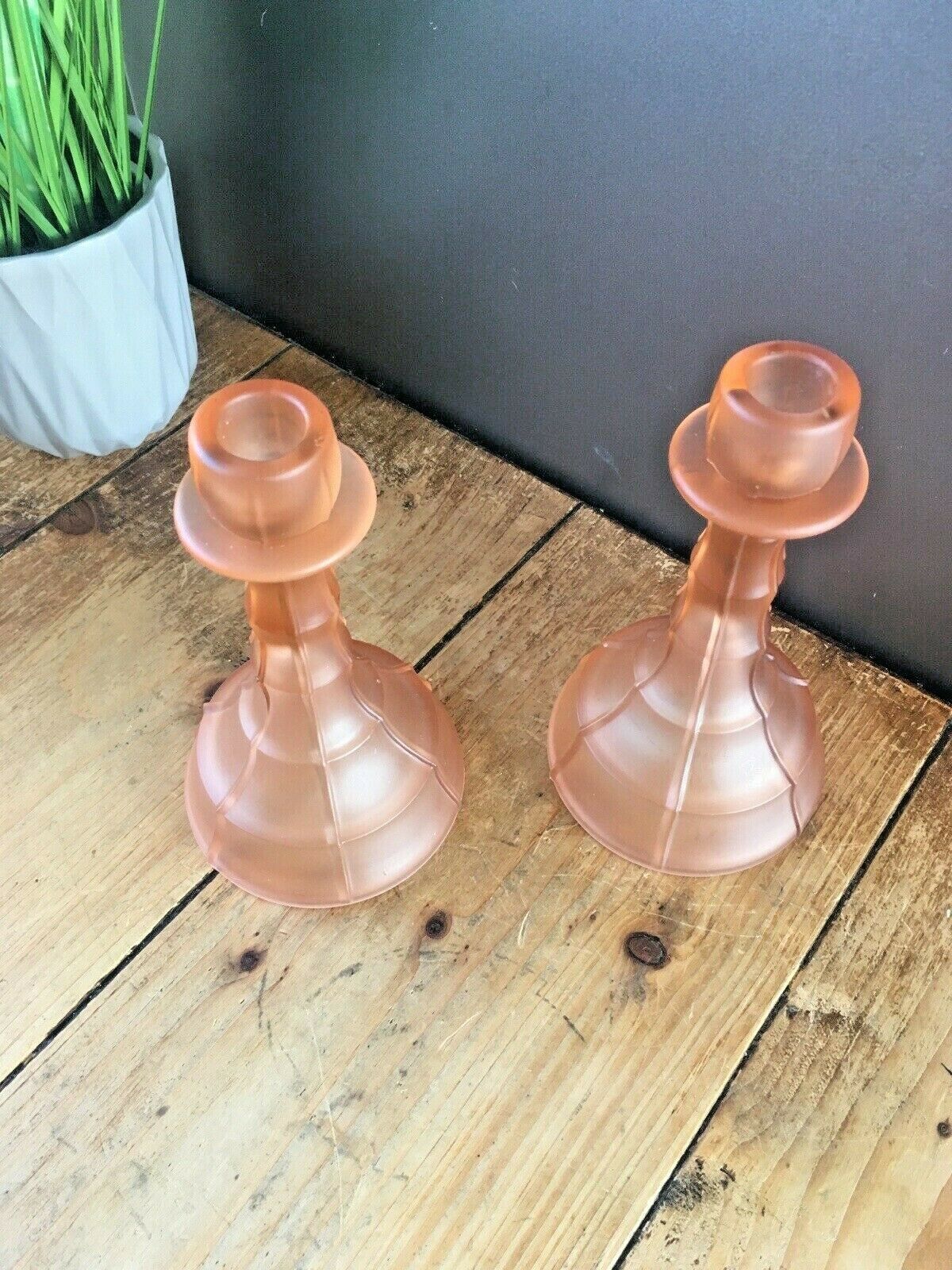 photo vinterior Rare Pair Of Art Deco Frosted Glass Candlesticks Candle Holders Walther & Sohne