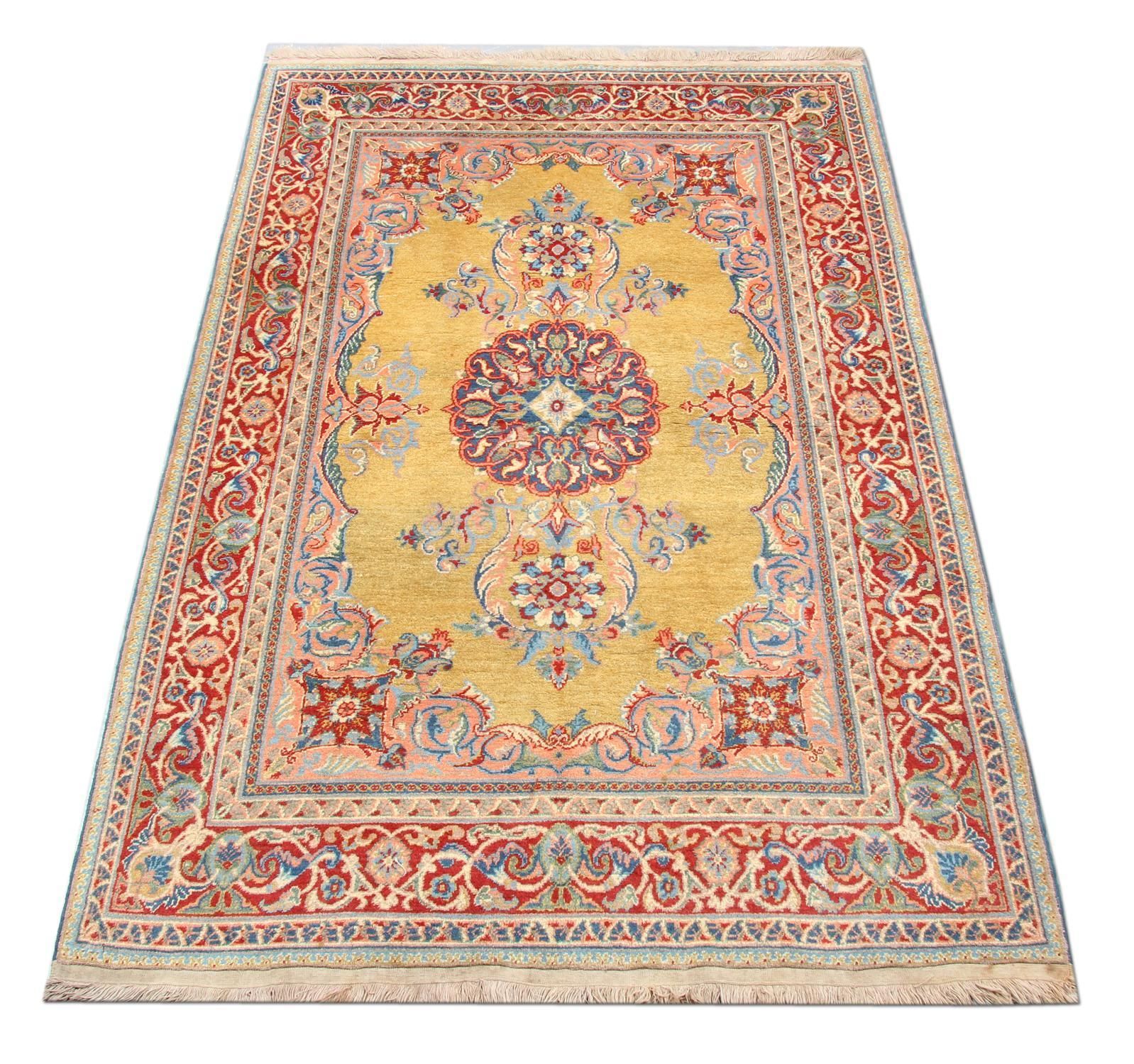 Carpet Handmade Antique Rug Oriental Mustard Yellow Wool Rug photo Textiles