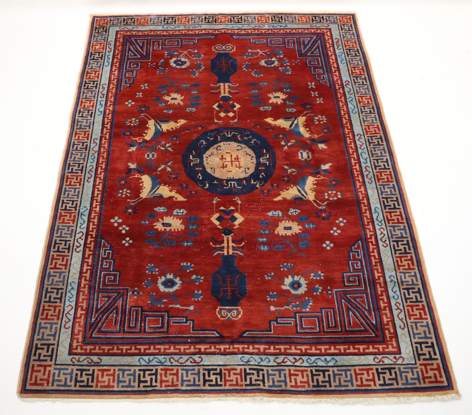 Antique Handmade Chinese Khotan Rug/Carpet Geometric Deco Design Knotted