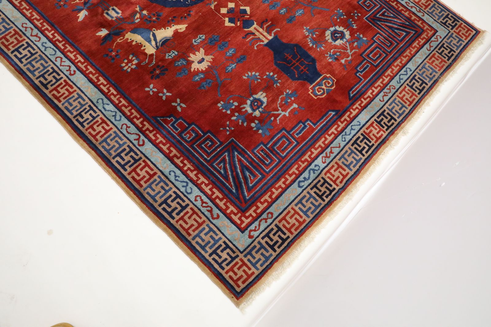 Textiles Antique Handmade Chinese Khotan Rug/Carpet Geometric Deco Design Knotted photo