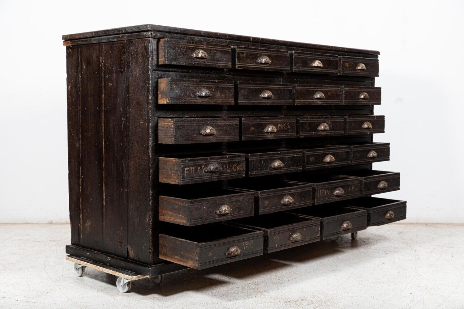 Large 19thc English Engineers Ebonised Bank Of Drawers photo vinterior