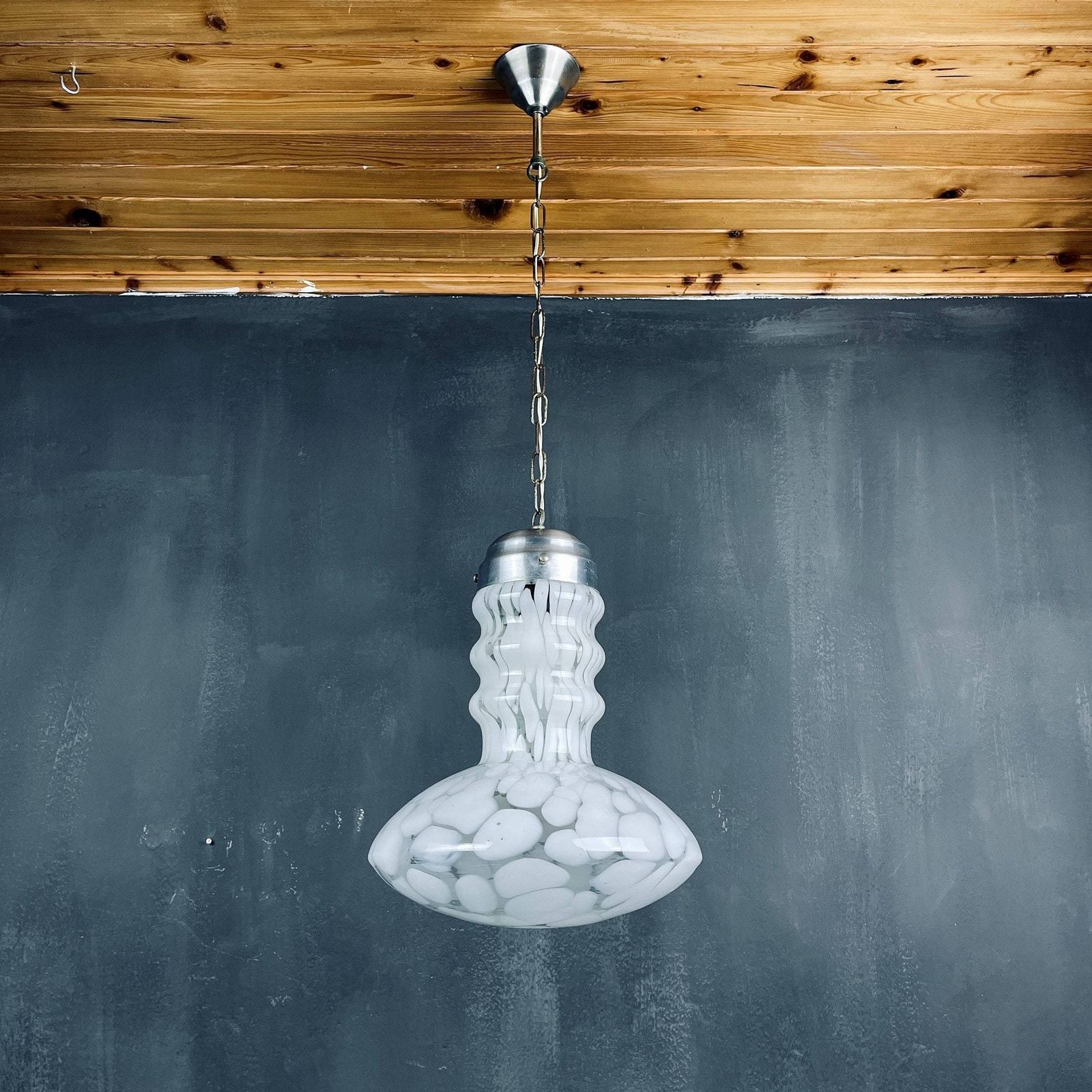 photo for sale Mid Century White Murano Pendant Lamp Designed By Carlo Nason For Mazzega Italy 1960s