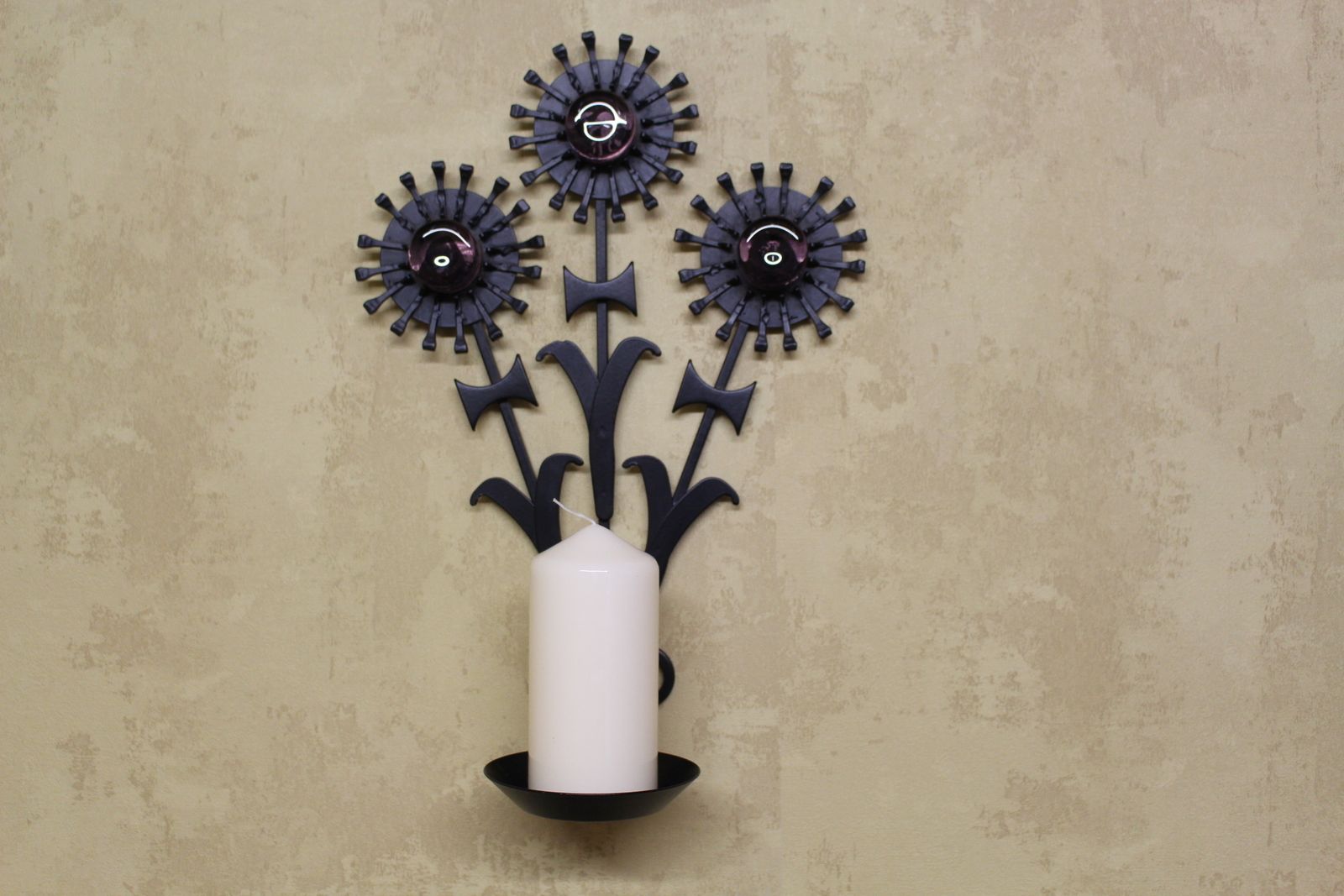 1960’s Dantoft Metal Candle Sconce With Pink Glass ” Jewels “