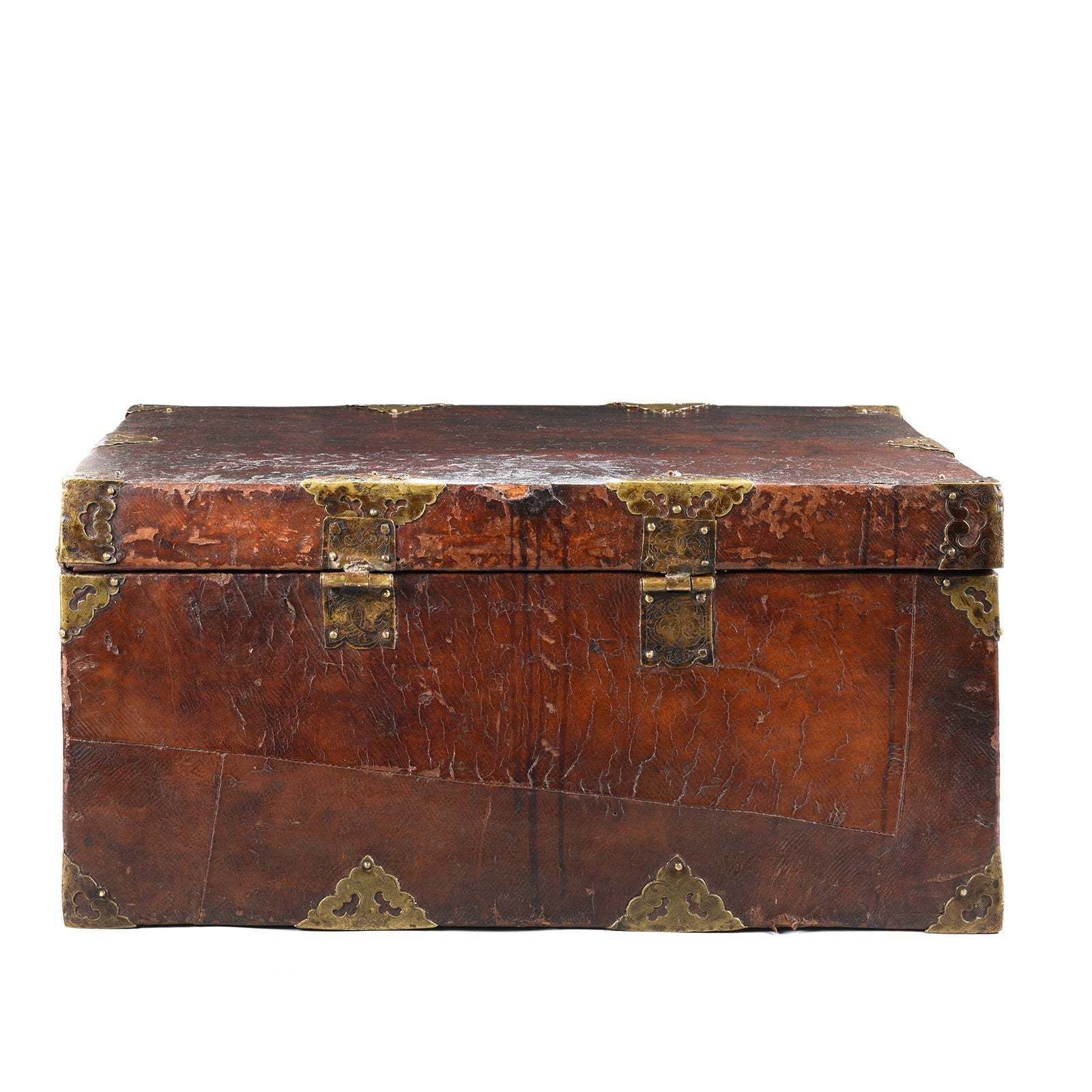 photo for sale Tibetan Brass Bound Leather Trunk   19thc