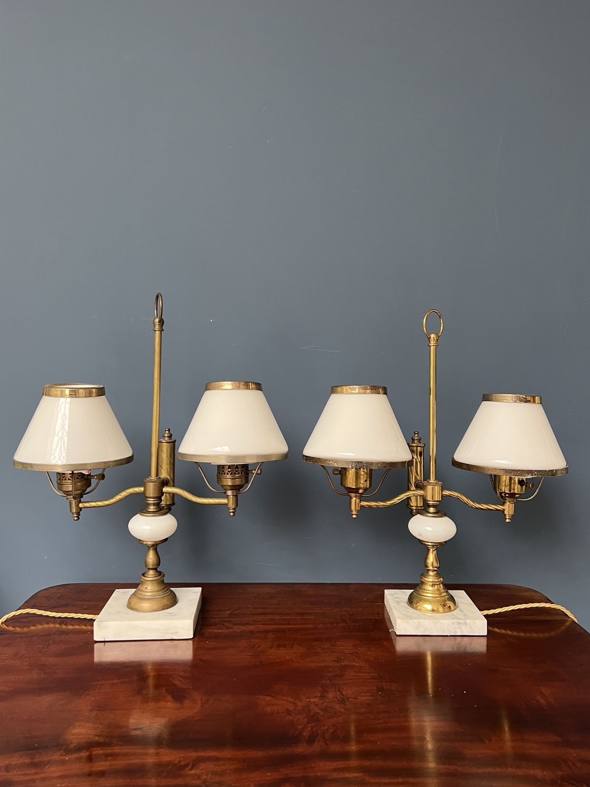 A Pair Of Twin Sconce Brass And Marble Lamps With Milk Glass Shades   Mid 20th Century