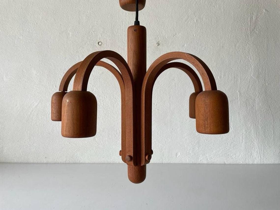 Teak 5 Armed Sputnik Counterweight Pendant Lamp By Domus 1970s, Italy