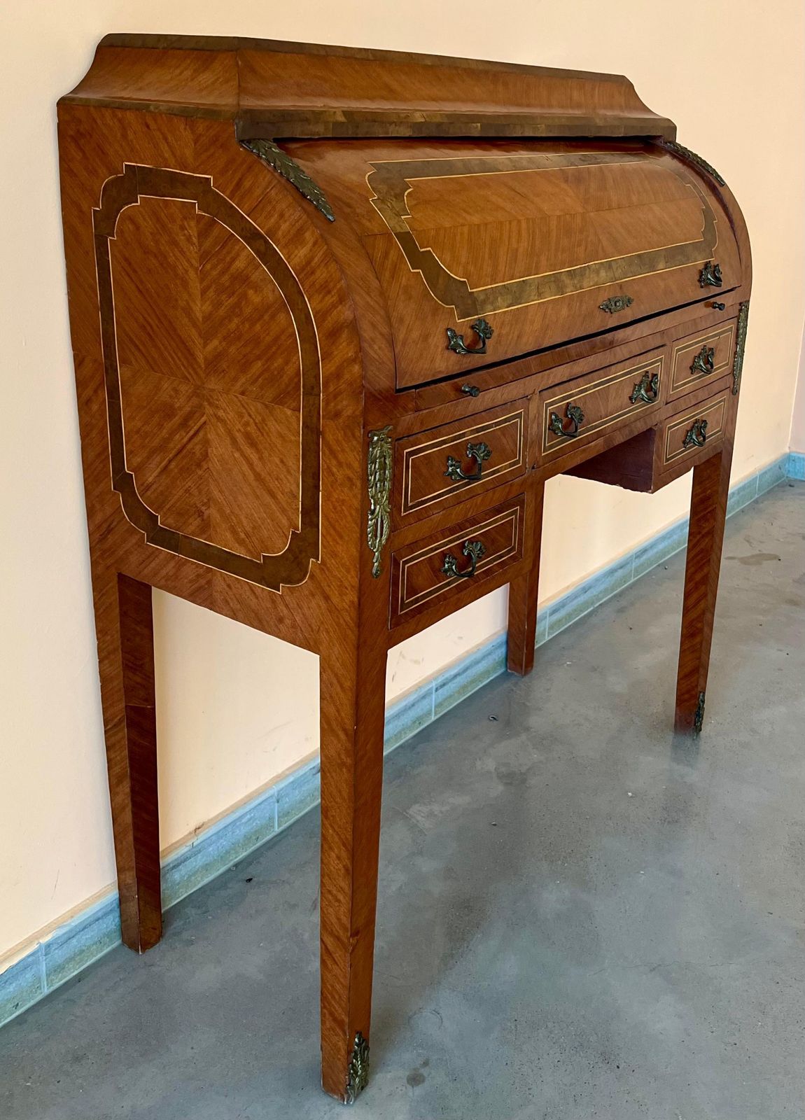 Sheraton Revival Cylinder Bureau, Writing Desk With Marquetry, Circa 1890 photo furniture