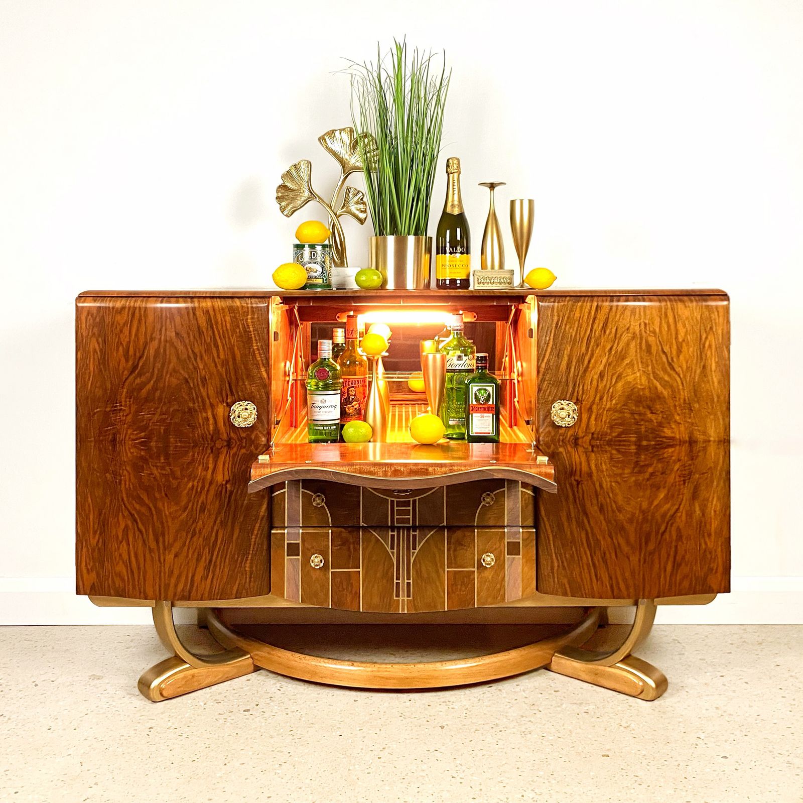 Art Deco Beautility Walnut Cocktail Cabinet With Geometric Marquetry Style Sunrise Design photo for sale