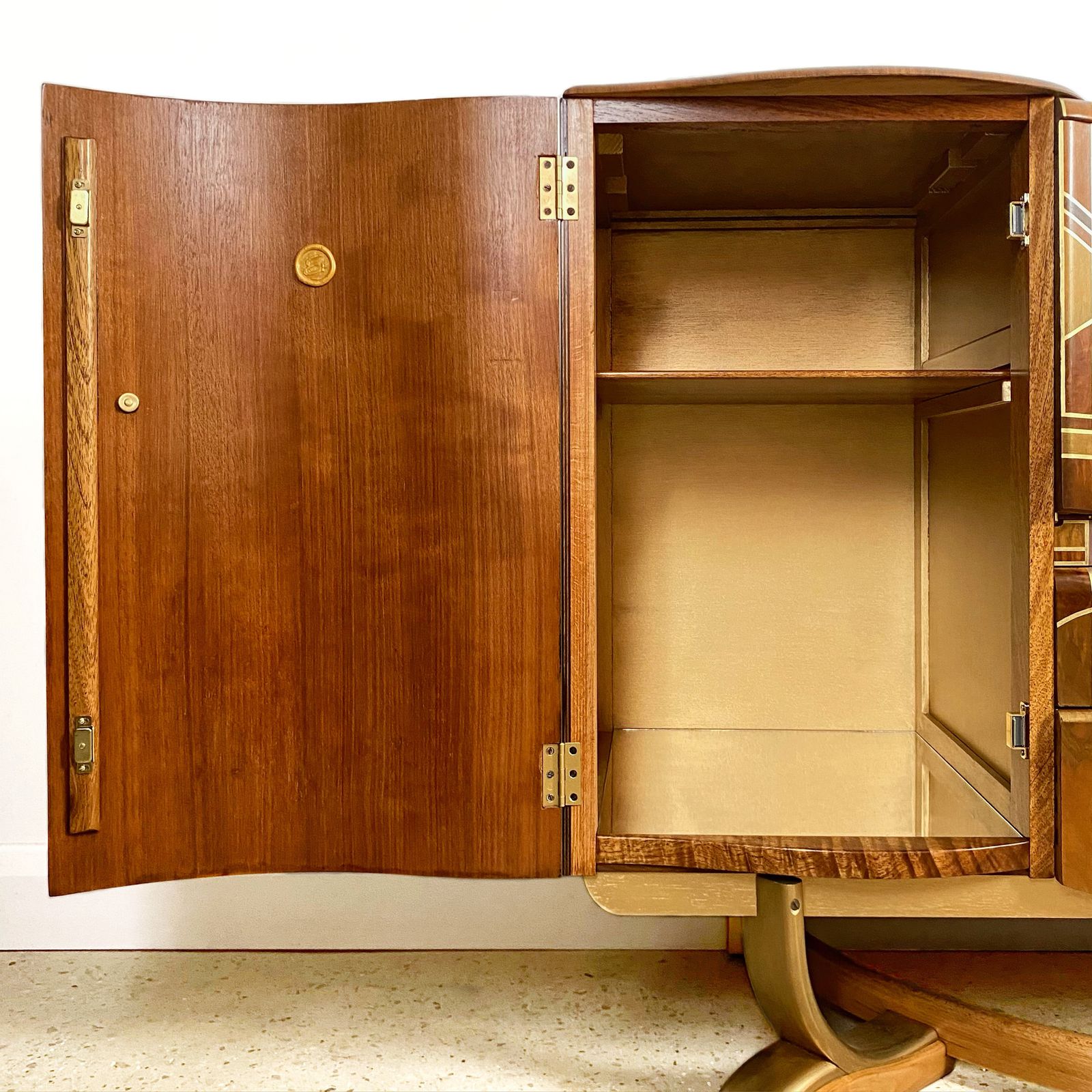 photo furniture Art Deco Beautility Walnut Cocktail Cabinet With Geometric Marquetry Style Sunrise Design