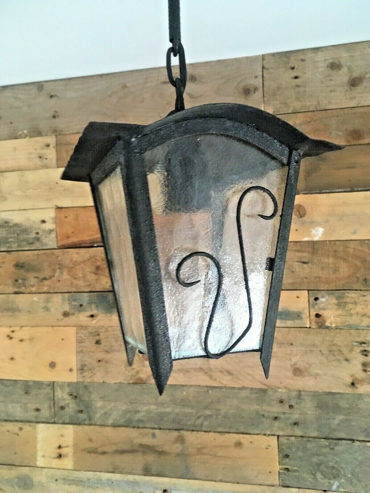 Antique French Art Nouveau Iron & Glass Hanging Porch Lantern Lamp Light Gothic