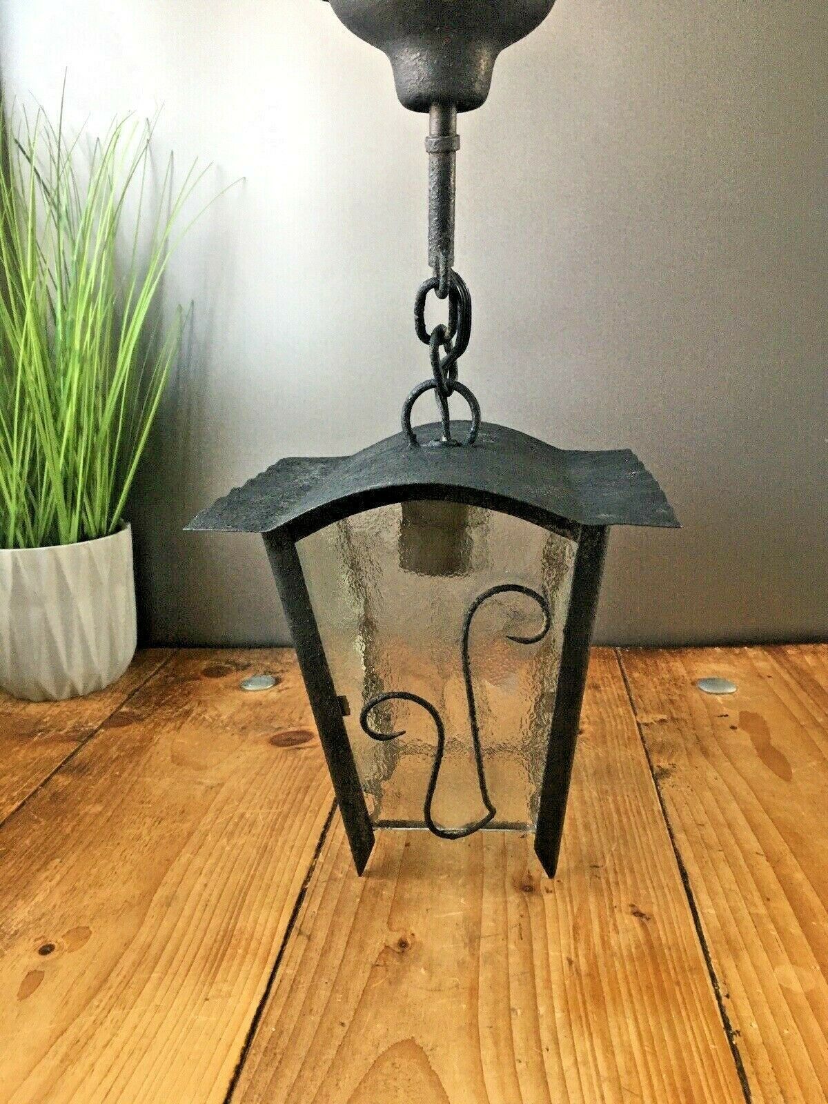Antique French Art Nouveau Iron & Glass Hanging Porch Lantern Lamp Light Gothic photo 175.0