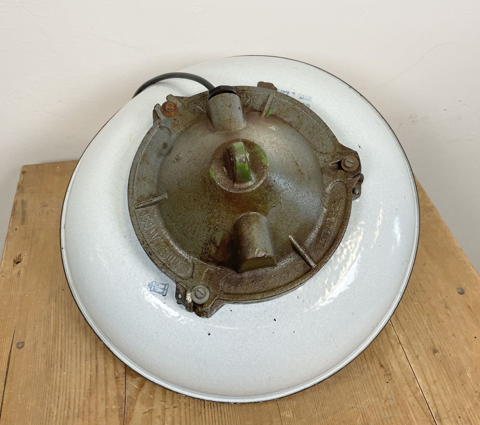 photo for sale Industrial Grey Enamel Factory Pendant Lamp In Cast Iron From Zaos, 1960s, 25x