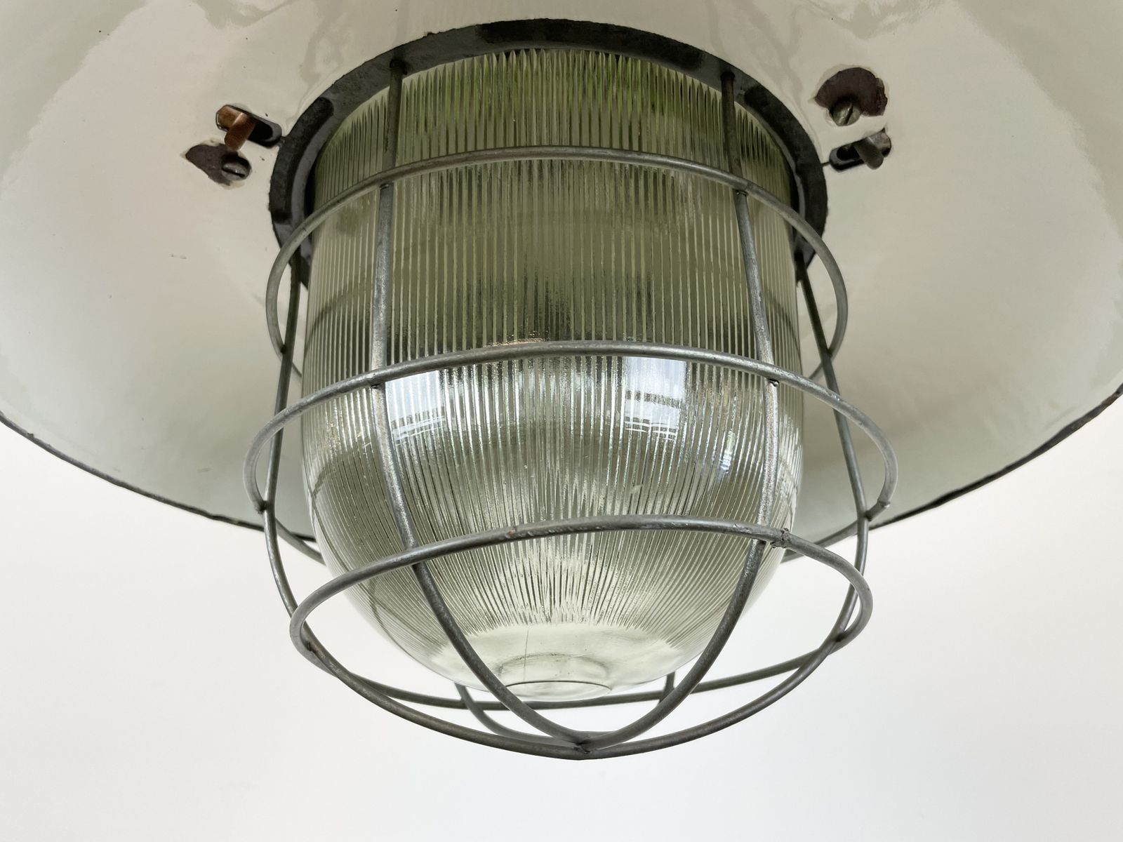 Industrial Grey Enamel Factory Cage Pendant Lamp In Cast Iron From Zaos, 1960s, 25x photo for sale