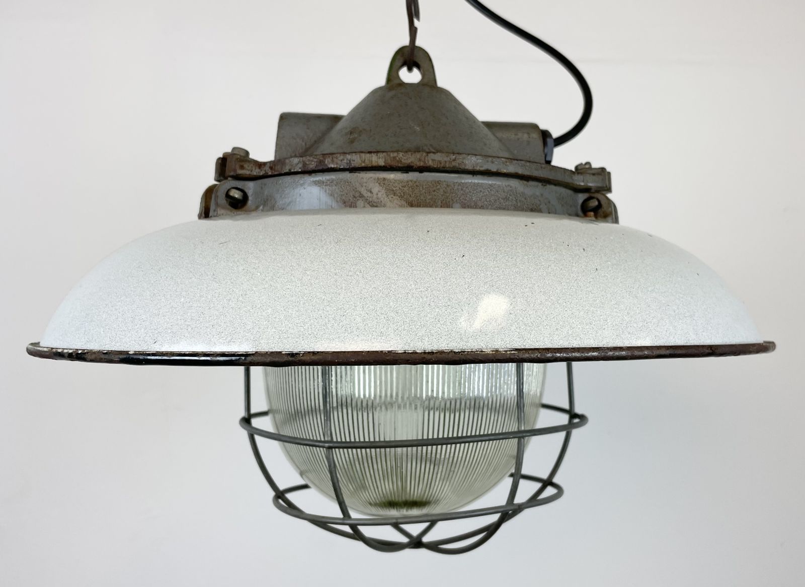 Industrial Grey Enamel Factory Cage Pendant Lamp In Cast Iron From Zaos, 1960s, 25x photo 199.0