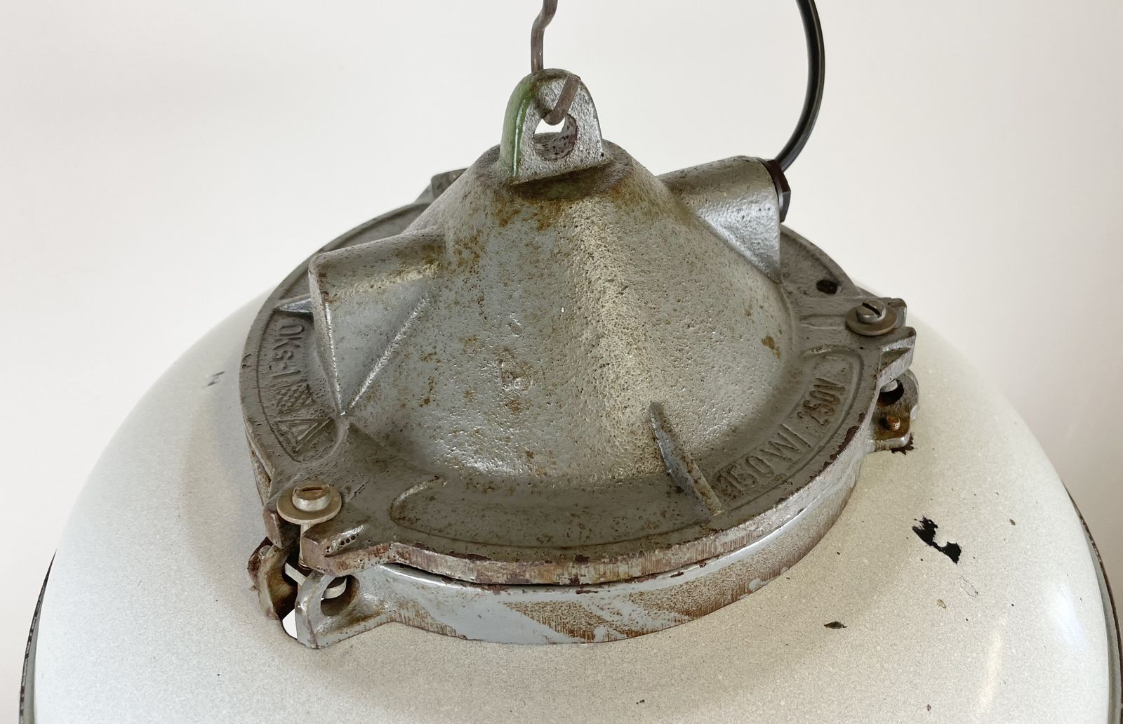 photo for sale Industrial Grey Enamel Factory Cage Pendant Lamp In Cast Iron From Zaos, 1960s, 25x