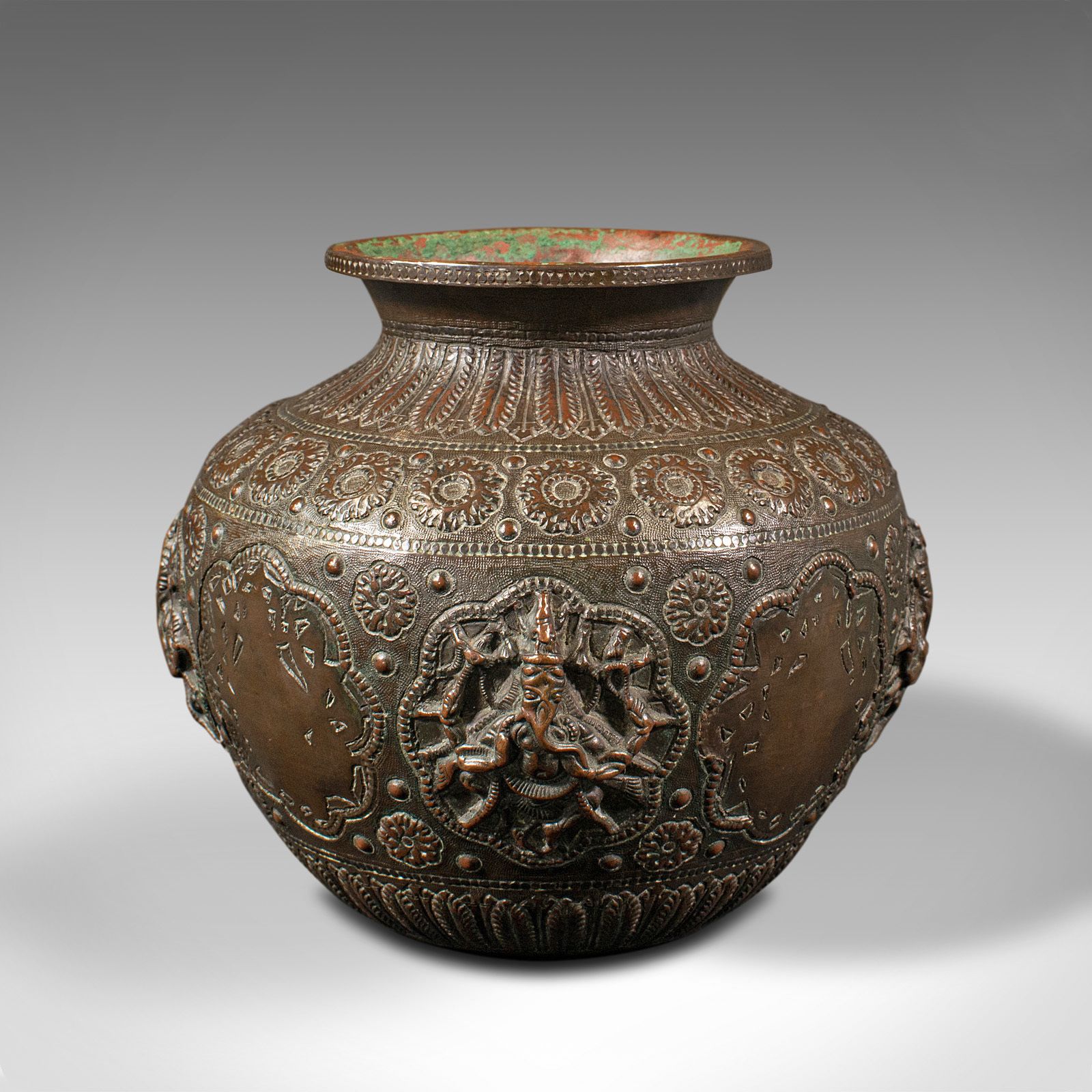 Antique Celebration Pot, Indian, Bronze, Diwali Vase, Ganesh, Lakshmi photo furniture