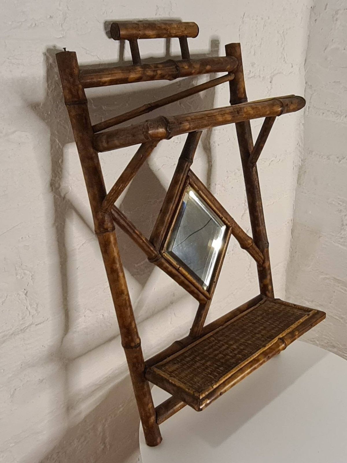 Antique Arts And Crafts  Aesthetic Movement Tiger Bamboo Hallway Mirror With Shelves photo furniture