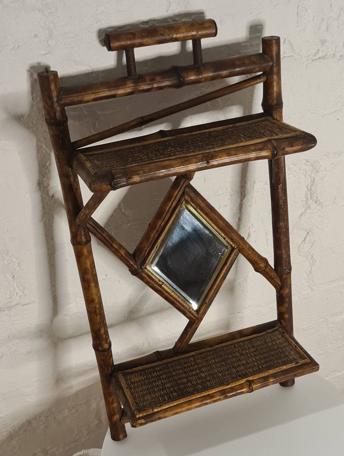 Antique Arts And Crafts  Aesthetic Movement Tiger Bamboo Hallway Mirror With Shelves photo Furniture