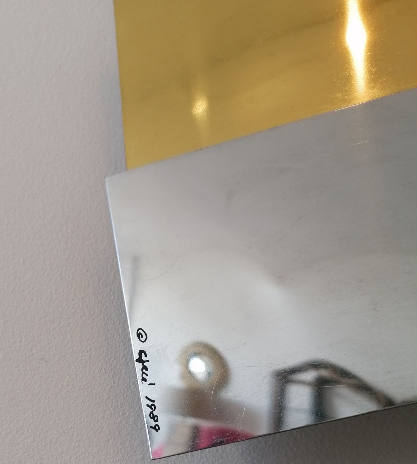 Rare 1989 Postmodern Gold & Chrome Ribbon Wall Sculpture By Curtis Jere, USA photo vinterior