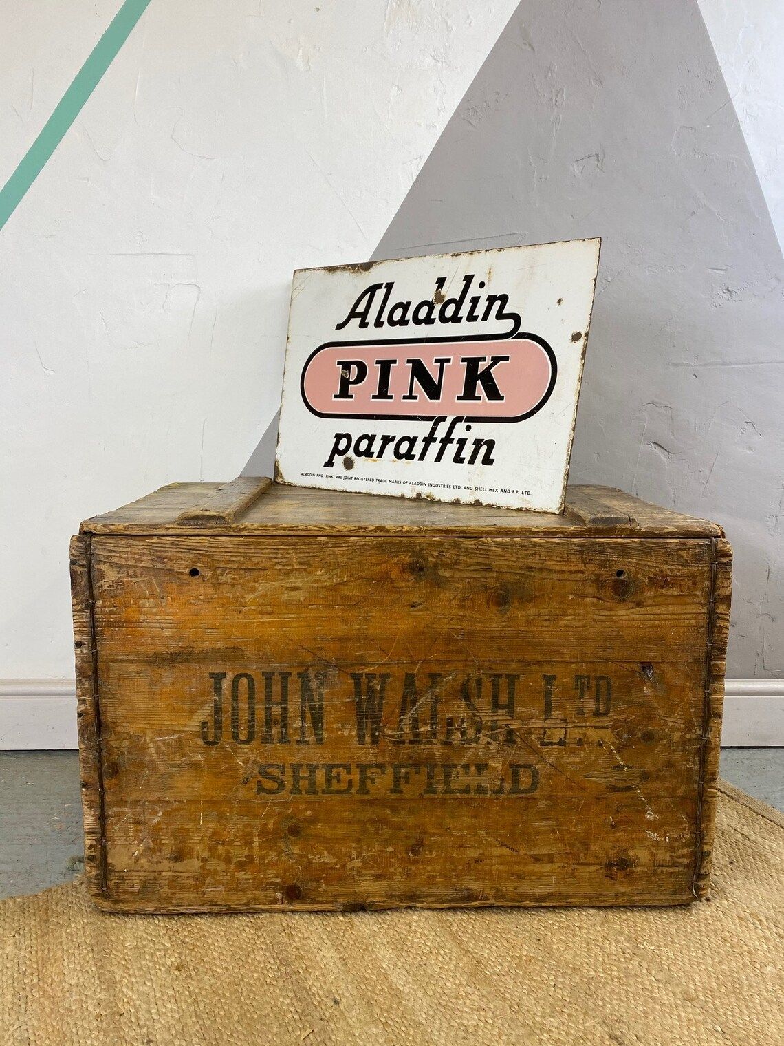 Vintage Aladdin Pink Enamel Metal Sign Advertising photo for sale