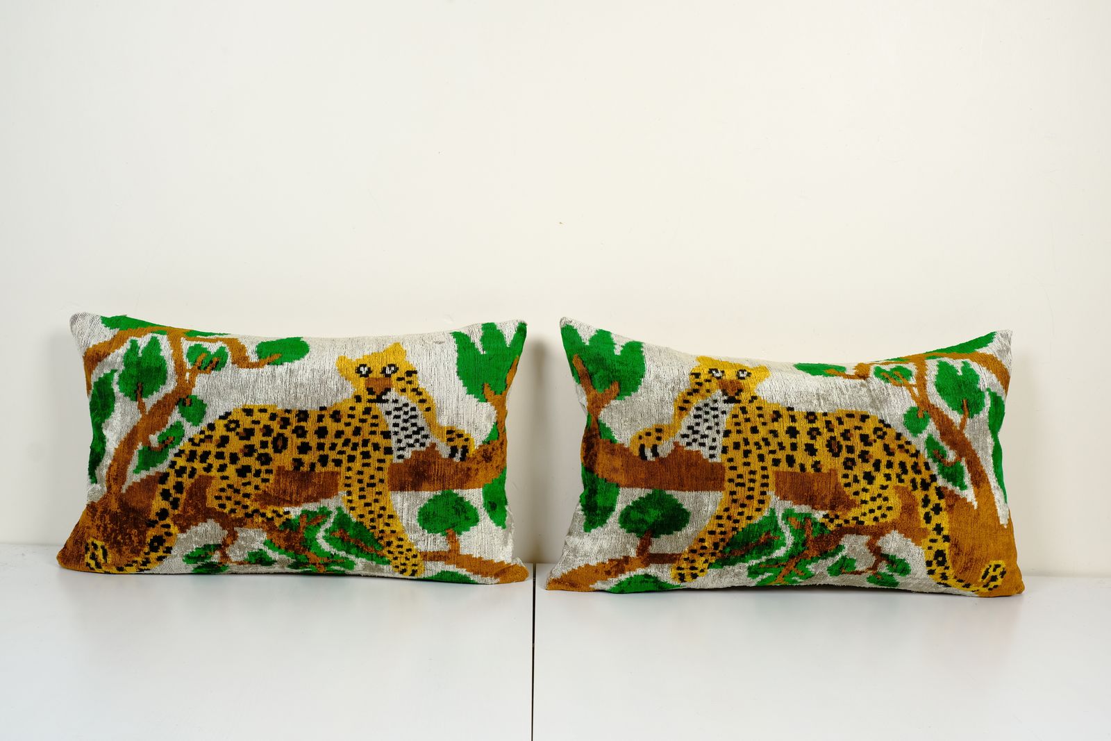 Set Of Two Ikat Velvet Pillow Cover, Pair Handmadetiger Silk Velvet Lumbar Pillow Cover, Uzbek Animal Cushion Cover 16" X 24"
