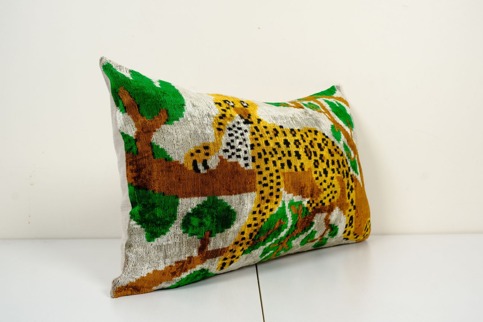 Ikat Velvet Pillow Cover, Tiger Silk Velvet Lumbar Pillow Cover, Uzbek Animal Cushion Cover 16" X 24" photo for sale