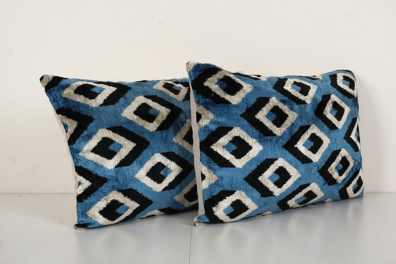 Blue Silk Ikat Velvet Pillow Cover   Set Of Two Uzbek Lumbar Cushion   Pair Ethnic Decorative Pillow   Velvet Ikat Pillow 16" X 24" photo for sale