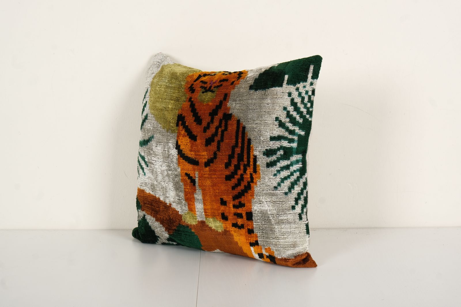Square Silk Tiger Ikat Velvet Pillow, Yellow Animal Pattern Ethnic Cushion, Handloom Ethnic Pillow Cover 16" X 16" photo for sale