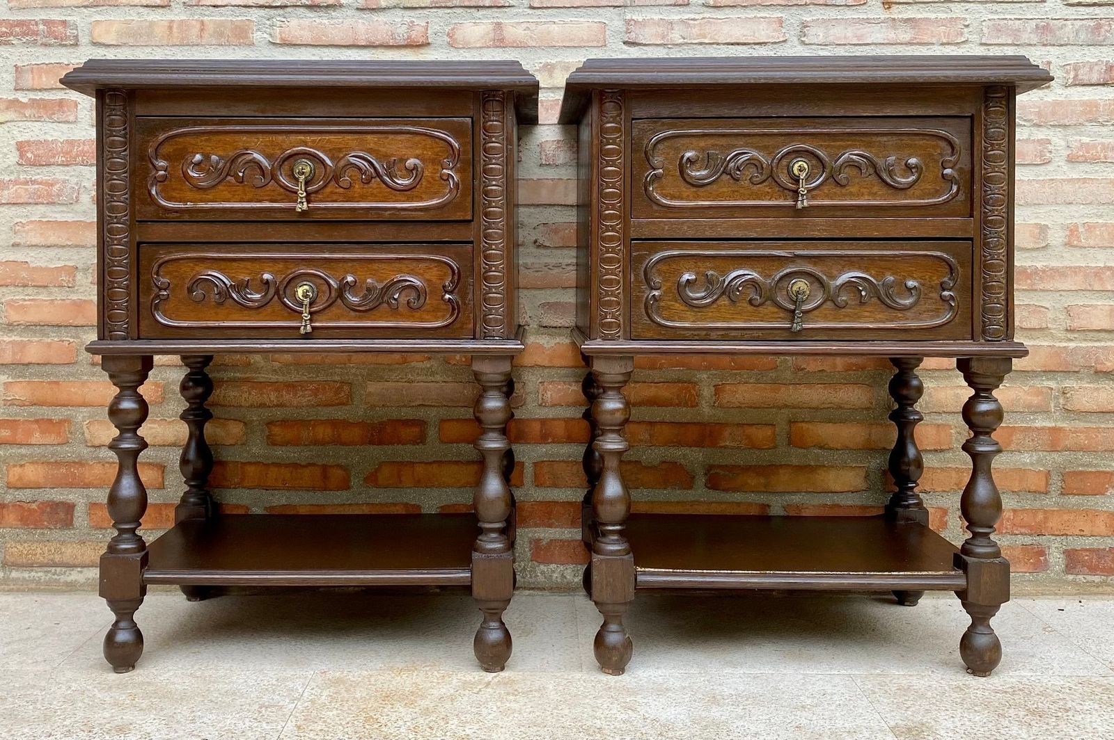 French Nightstands In Carved Walnut Two Drawers And Shelf, Set Of 2