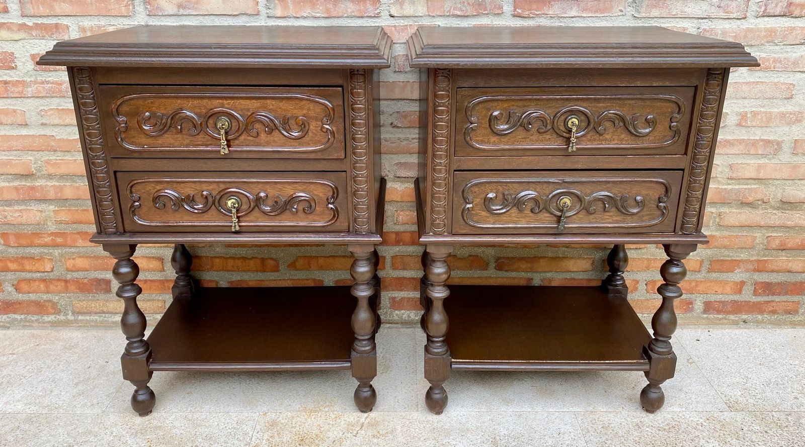 photo furniture French Nightstands In Carved Walnut Two Drawers And Shelf, Set Of 2