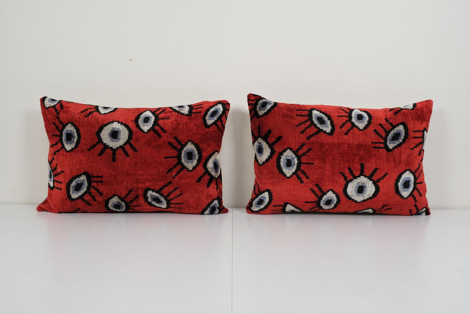 16" X 24" Ikat Eye Red Pillow Pillow Cover   Silk Ethnic Velvet Lumbar Pillow Cover   Ethnic Decorative Pillow   Velvet Ikat Pillow Set Of Two