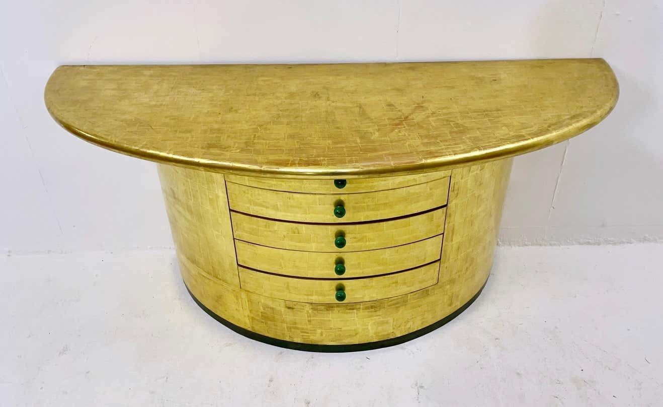 Mid Century Golden Leaves And Malachite Cuffs Demi Lune Console With Drawers photo vinterior